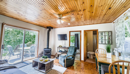 A grey chair next to a wood stove faces a grey couch