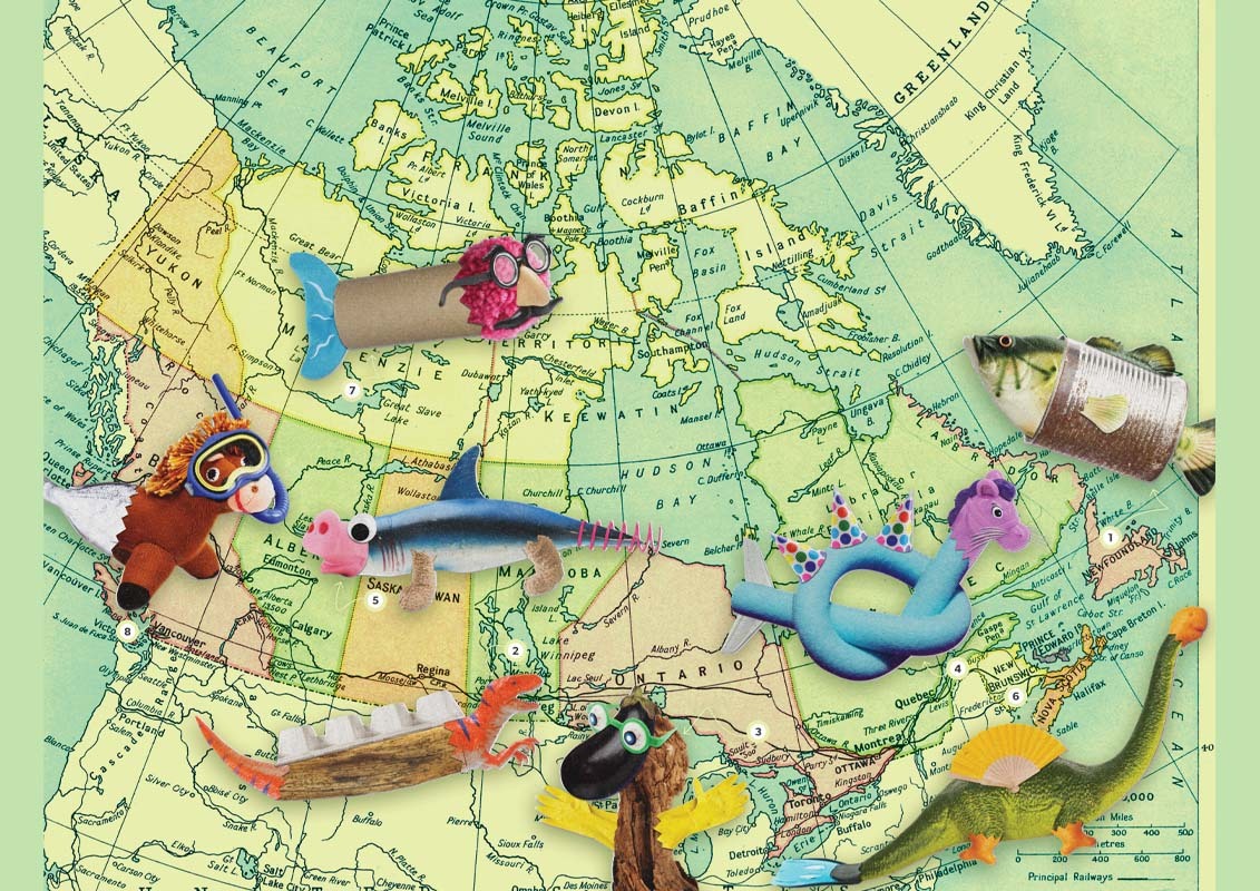 An artistic map of lake legends in Canada with creative depictions of the monsters adorning the map.