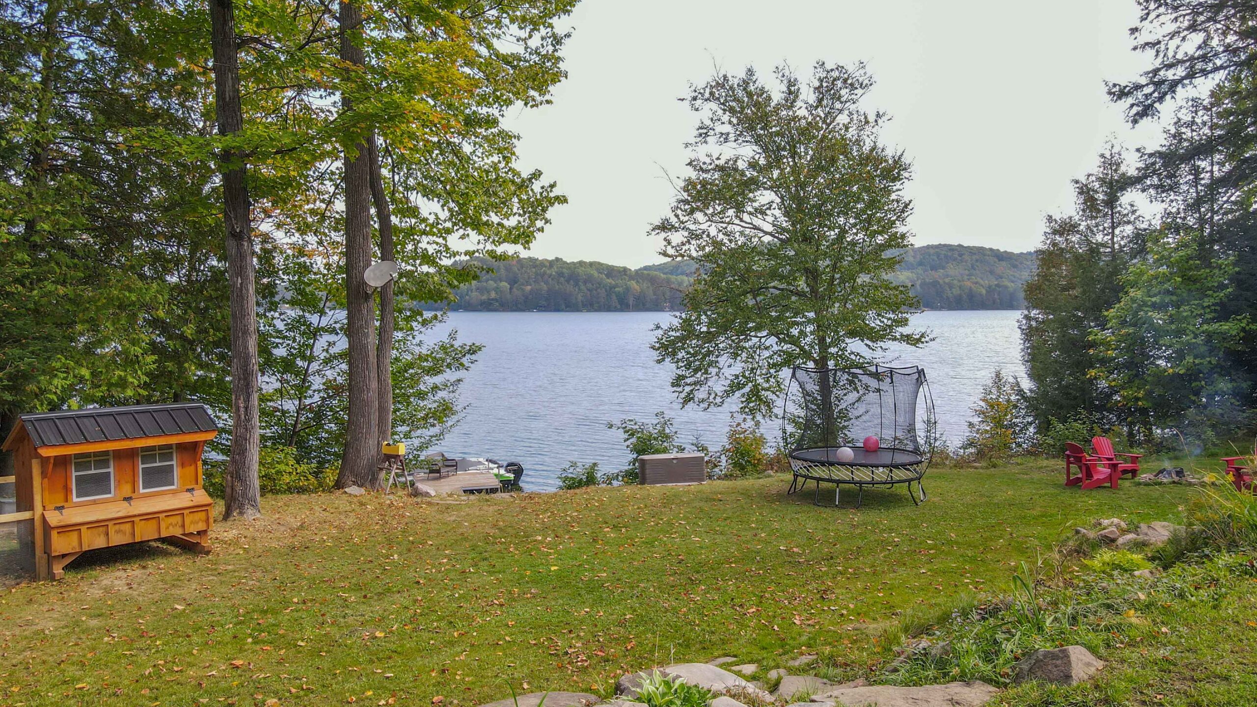 Grassy backyard with a scenic lake view framed by mature trees.