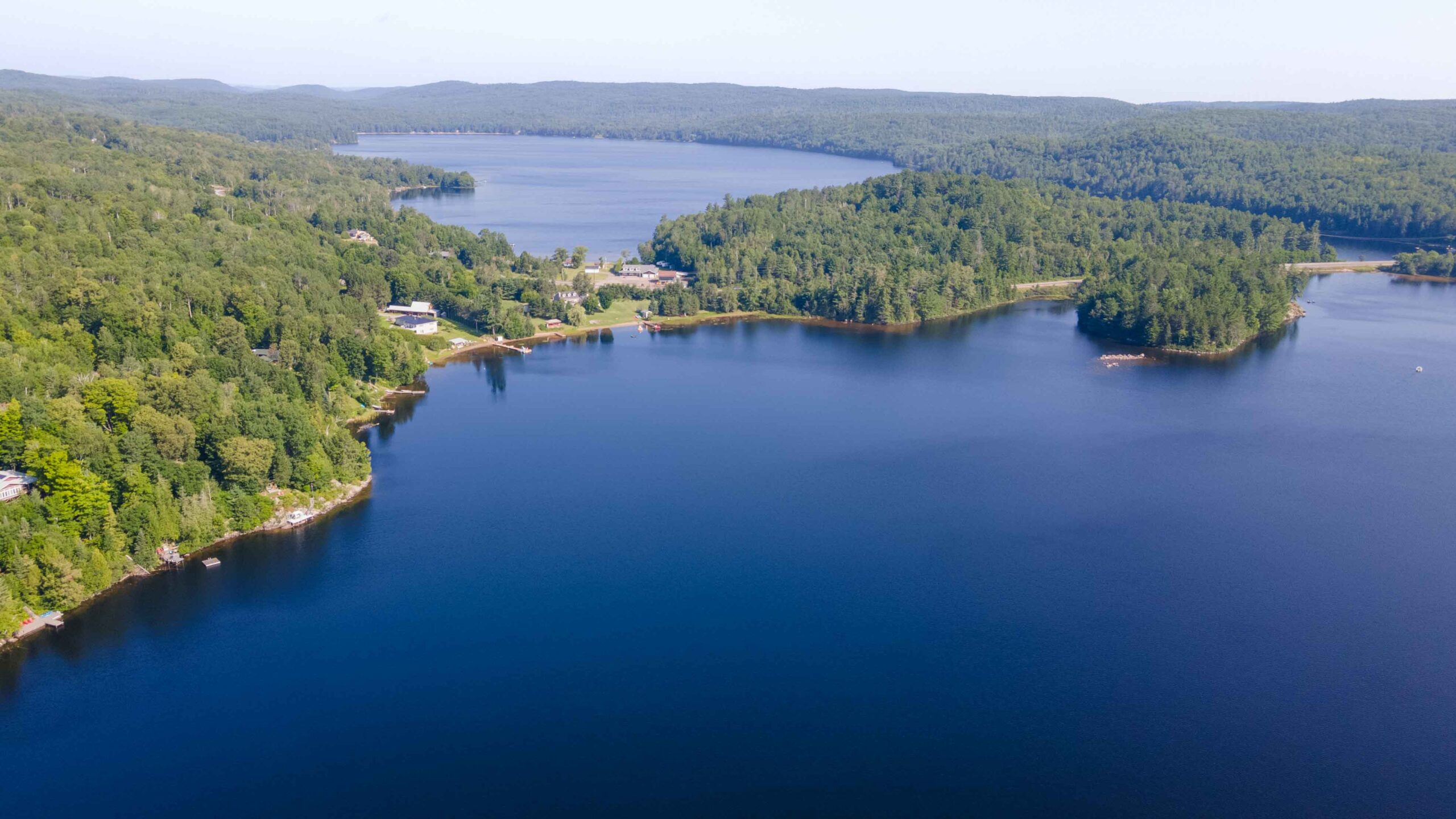 Sweeping aerial view of the lake and its lush surroundings.