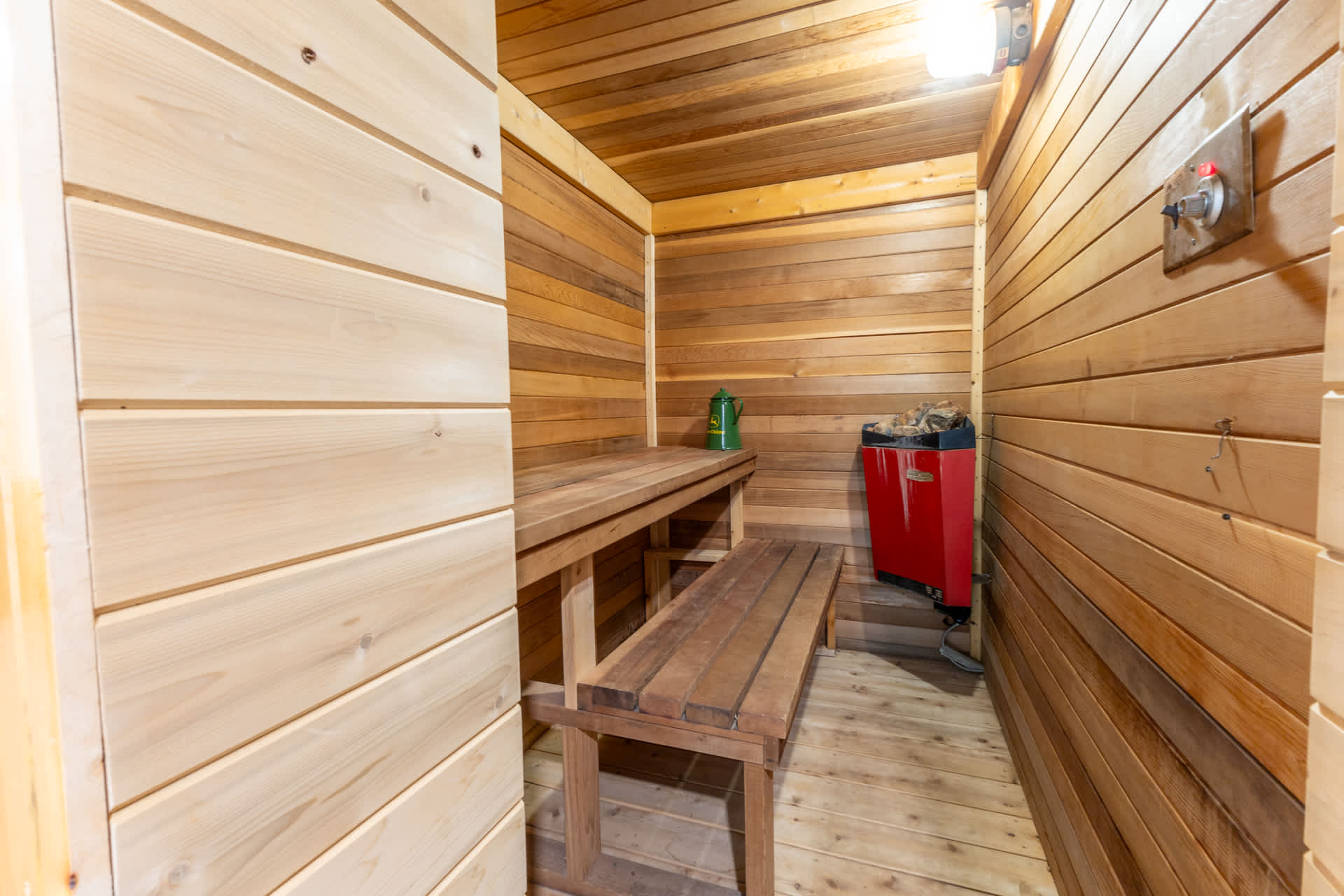 A sauna interior with two benches