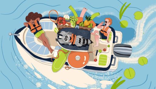 illustration of people in a centre-console boat being driven by a raccoon (funny)
