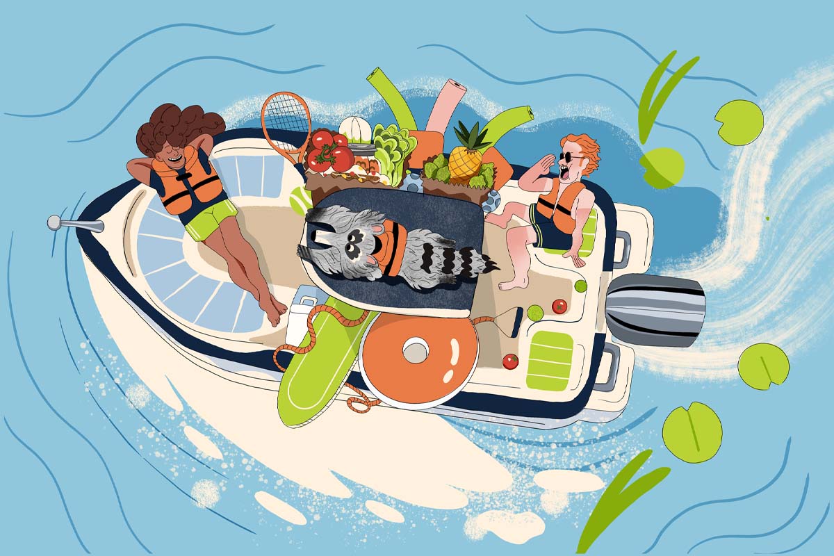 illustration of people in a centre-console boat being driven by a raccoon (funny)