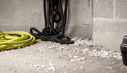 Loose insulation surrounded by rodent droppings