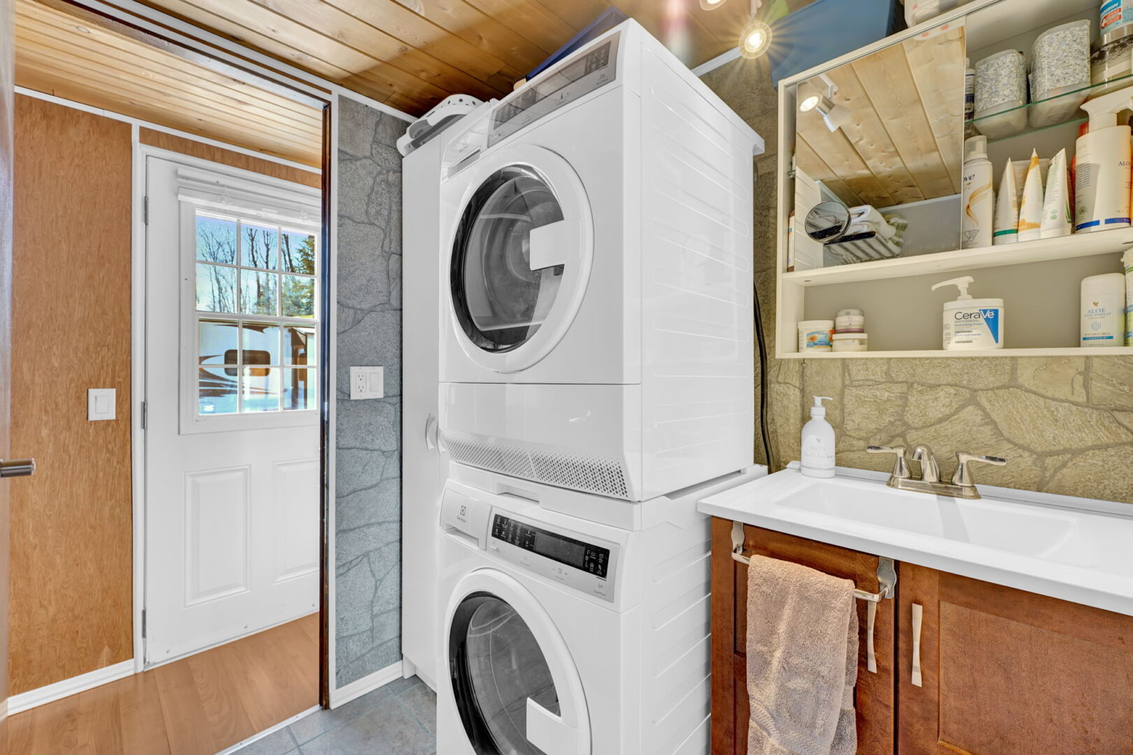 White stacked laundry machines