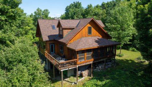 A log cabin nestled in the woods