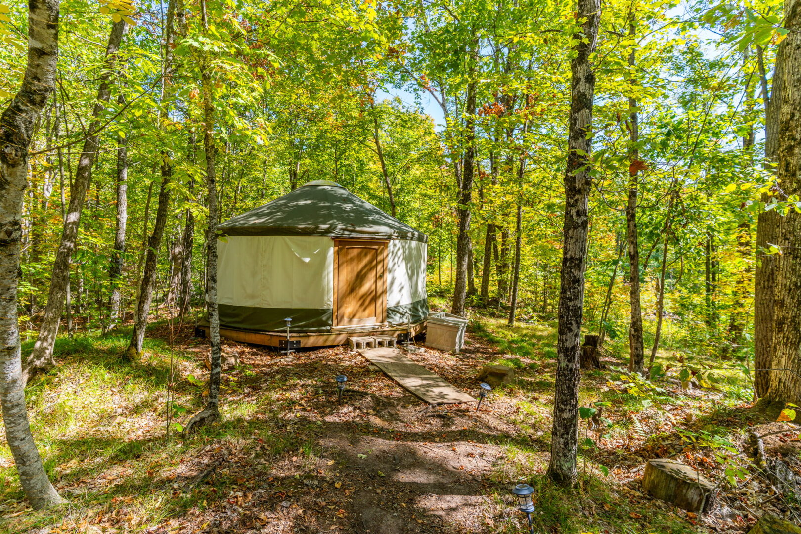 Canvas yurt with wood door nestled in a wooded clearing, ideal for guest stays, meditation, or retreats