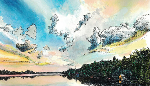 An illustration of clouds over a lake