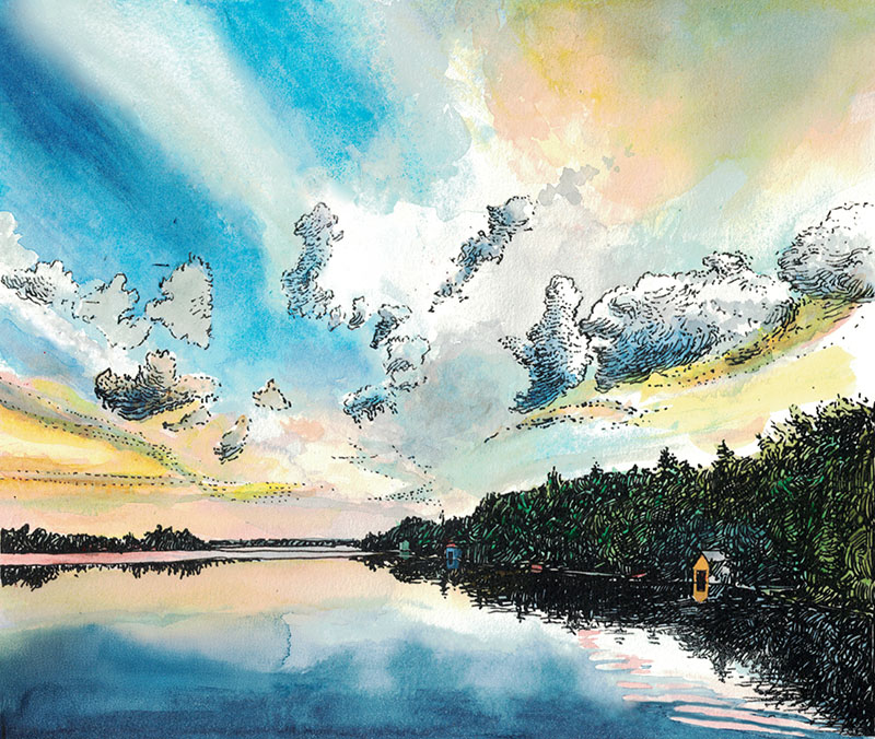 An illustration of clouds over a lake