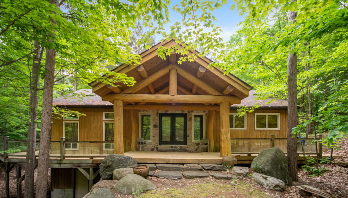 A log cabin with double glass doors