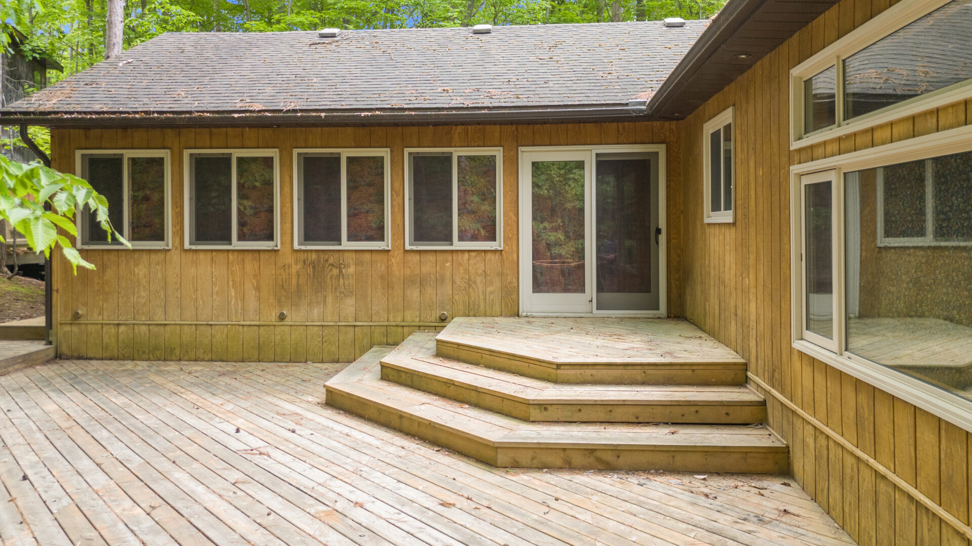 An empty wood deck area