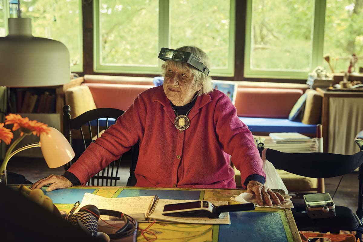 Annie with her super specs in the cottage living room