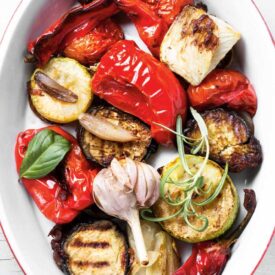 roasted vegetables in a baking dish