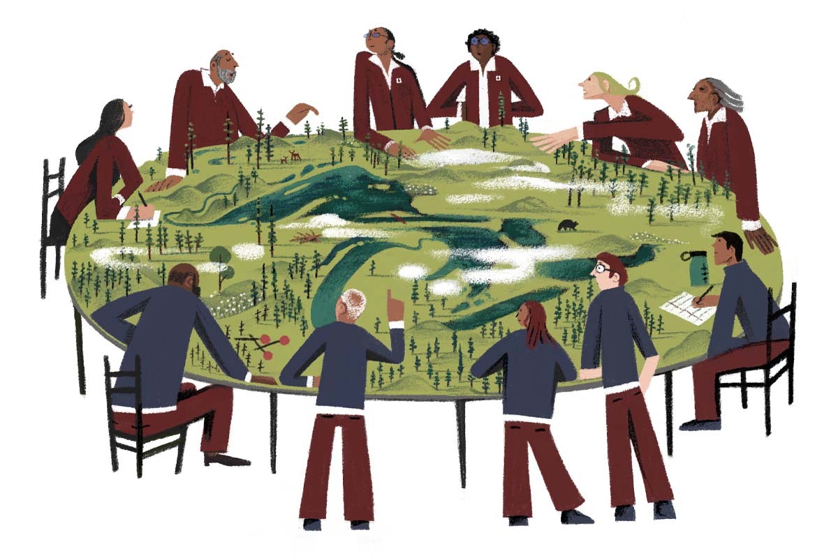 An illustration of a group of people gathering around a map of the Great Lakes. Water funding